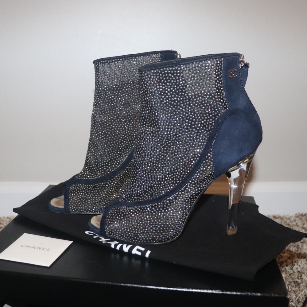 Chanel Blue Suede Peep-toe Glitter Bootie with Lucite Heel
